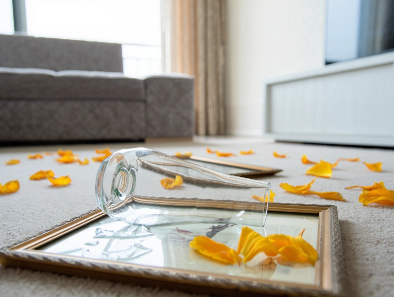 picture of broken glass and flowers on floor